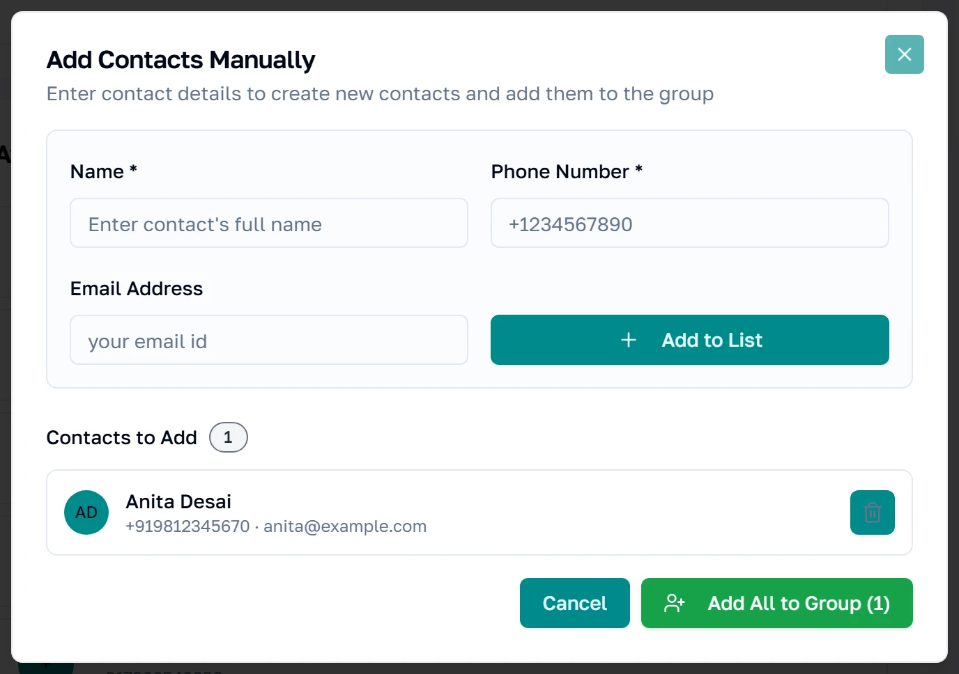 Dalawang contact na nakapila sa manual na dialog, na may button na Add All to Group sa ilalim