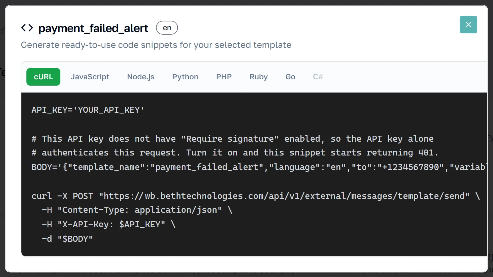 Ang Get code dialog na nagpapakita ng handa nang request para sa template na ito na may placeholder na mga credential