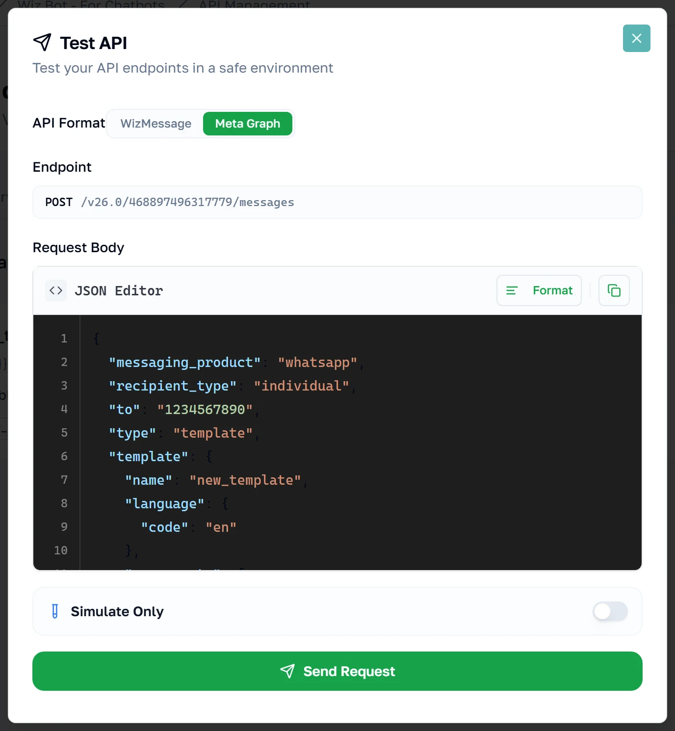The Test API dialog in Meta Graph mode, showing the read-only messages endpoint and a Meta-shaped request body