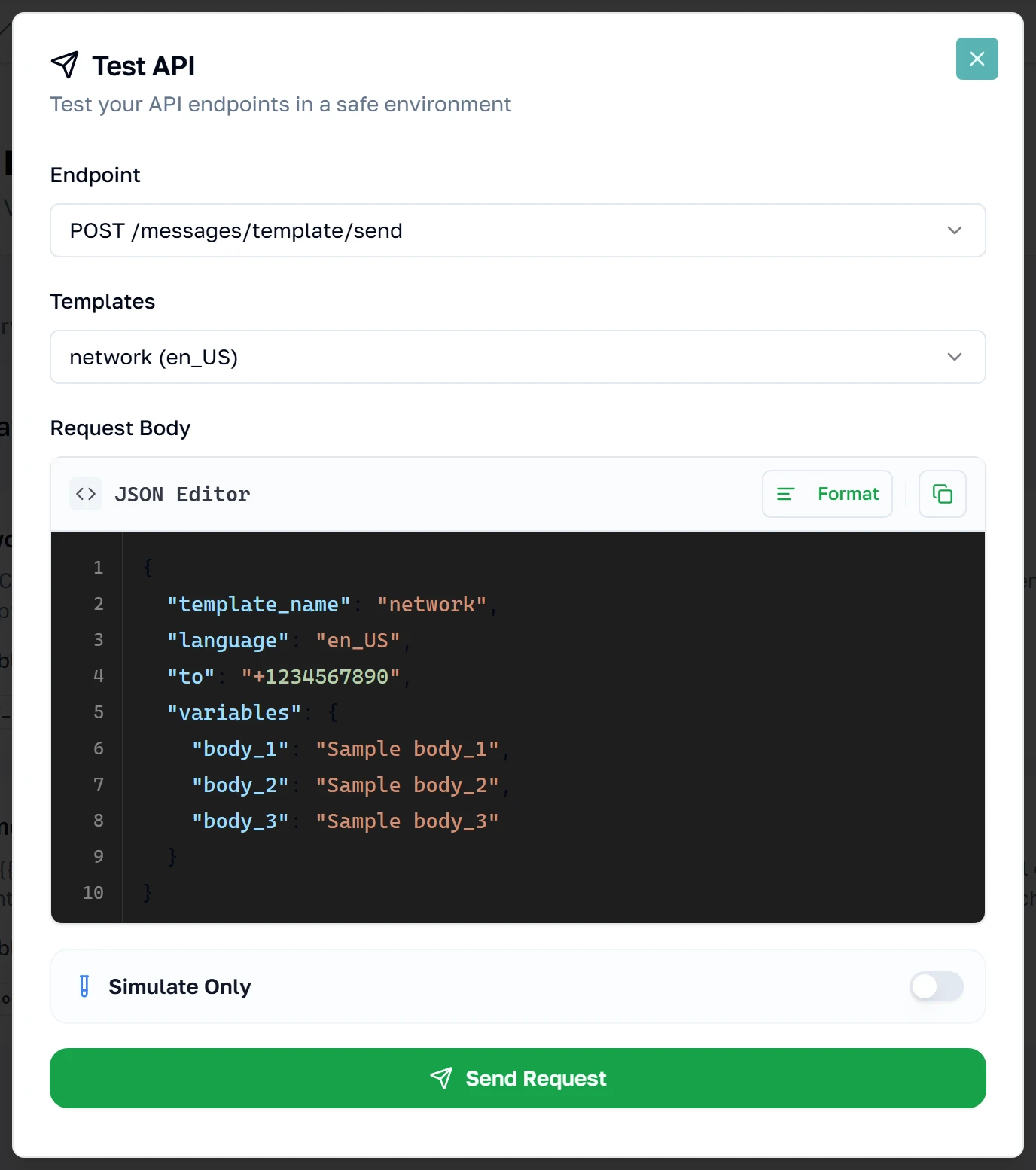 Ang Test API dialog na may endpoint dropdown, template dropdown at malayang mae-edit na body