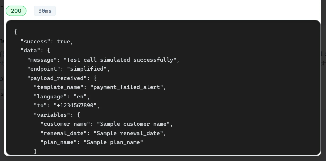 Ang tugon ng isang simulated na pagpapadala, na ibinabalik ang request kasama ang HTTP status at round-trip time nito