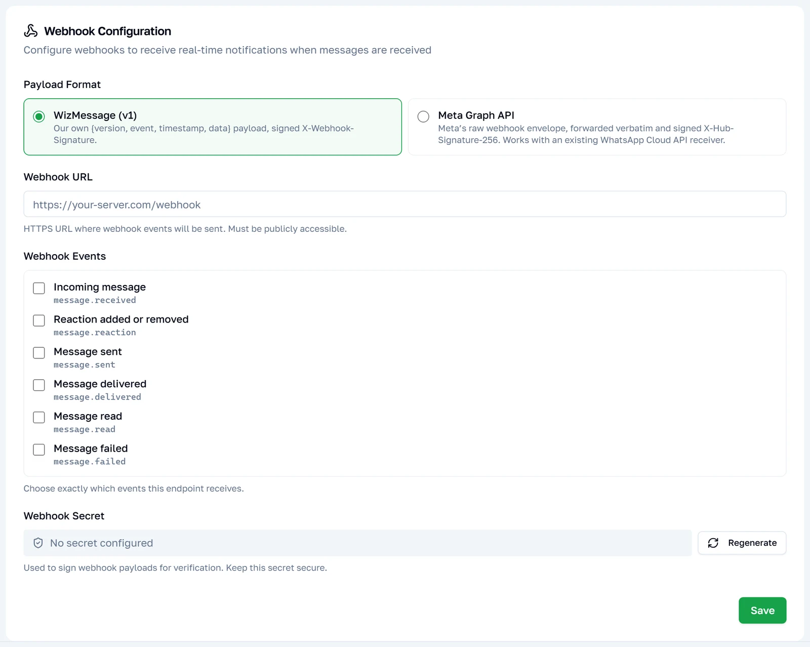 The Webhooks tab with the payload format set to WizMessage, showing the v1 event checkboxes