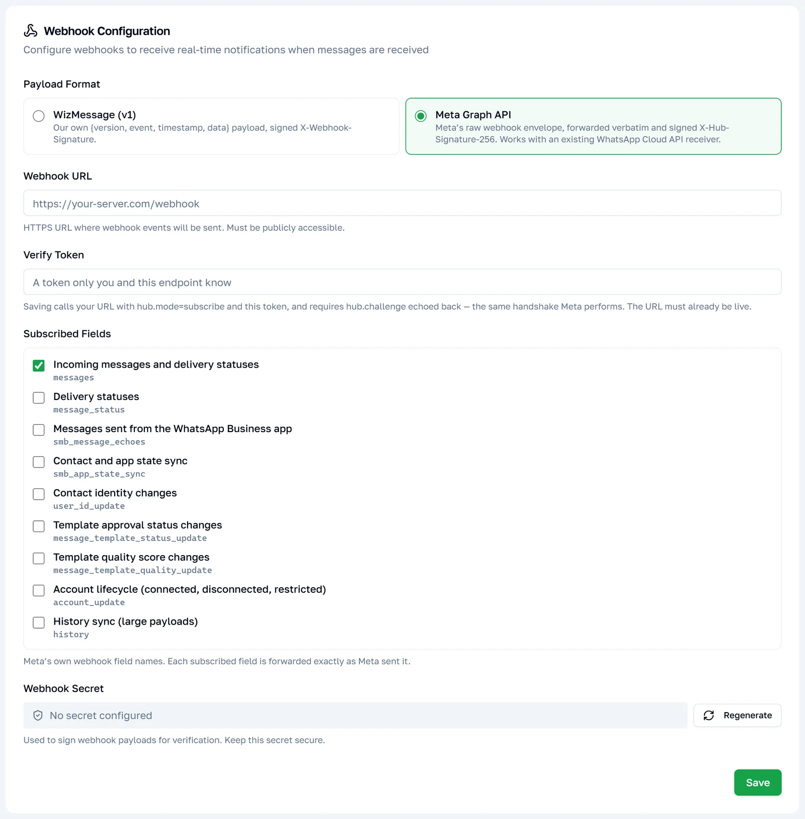 The Webhooks tab in Meta Graph format, showing the verify token and the nine subscribable Meta field names