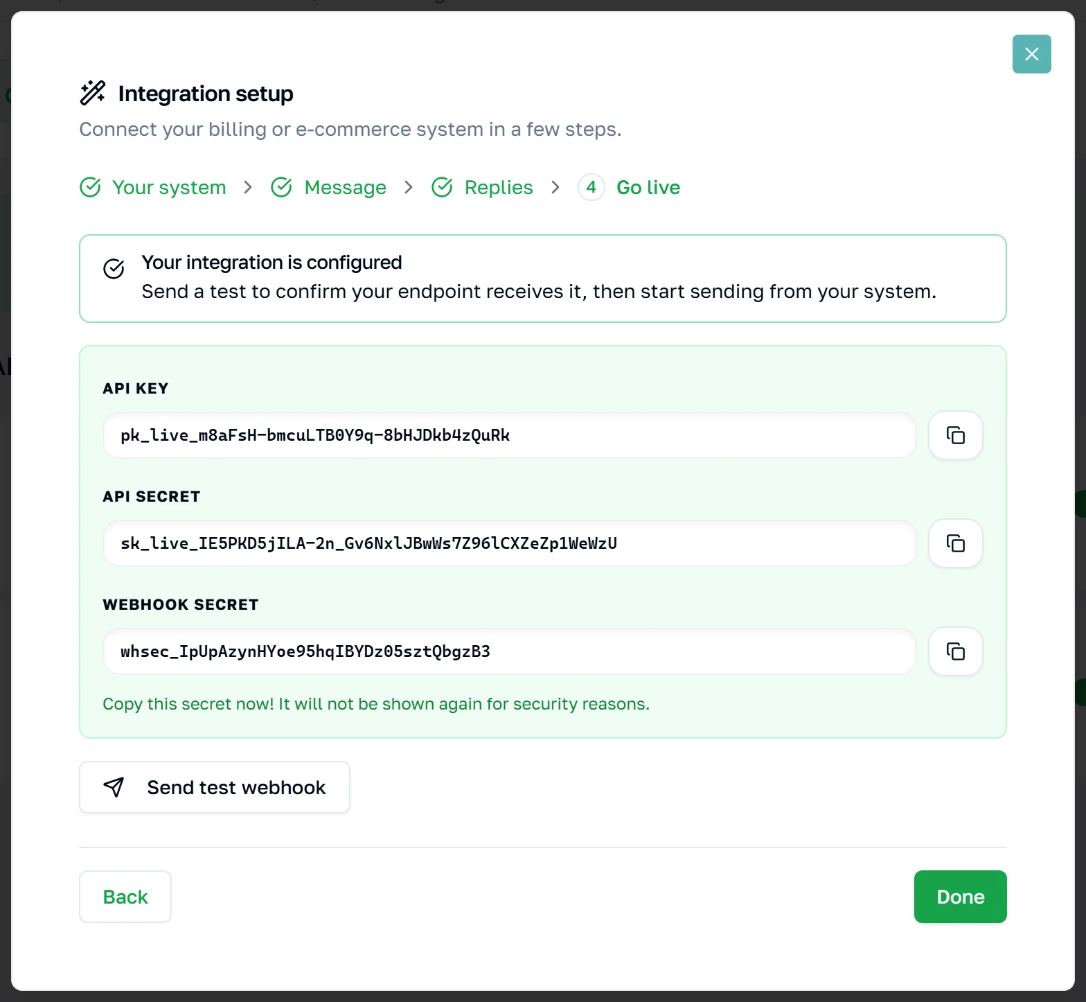 Hakbang 4 ng wizard, na minsan lang nagpapakita ng API key, API secret at webhook signing secret