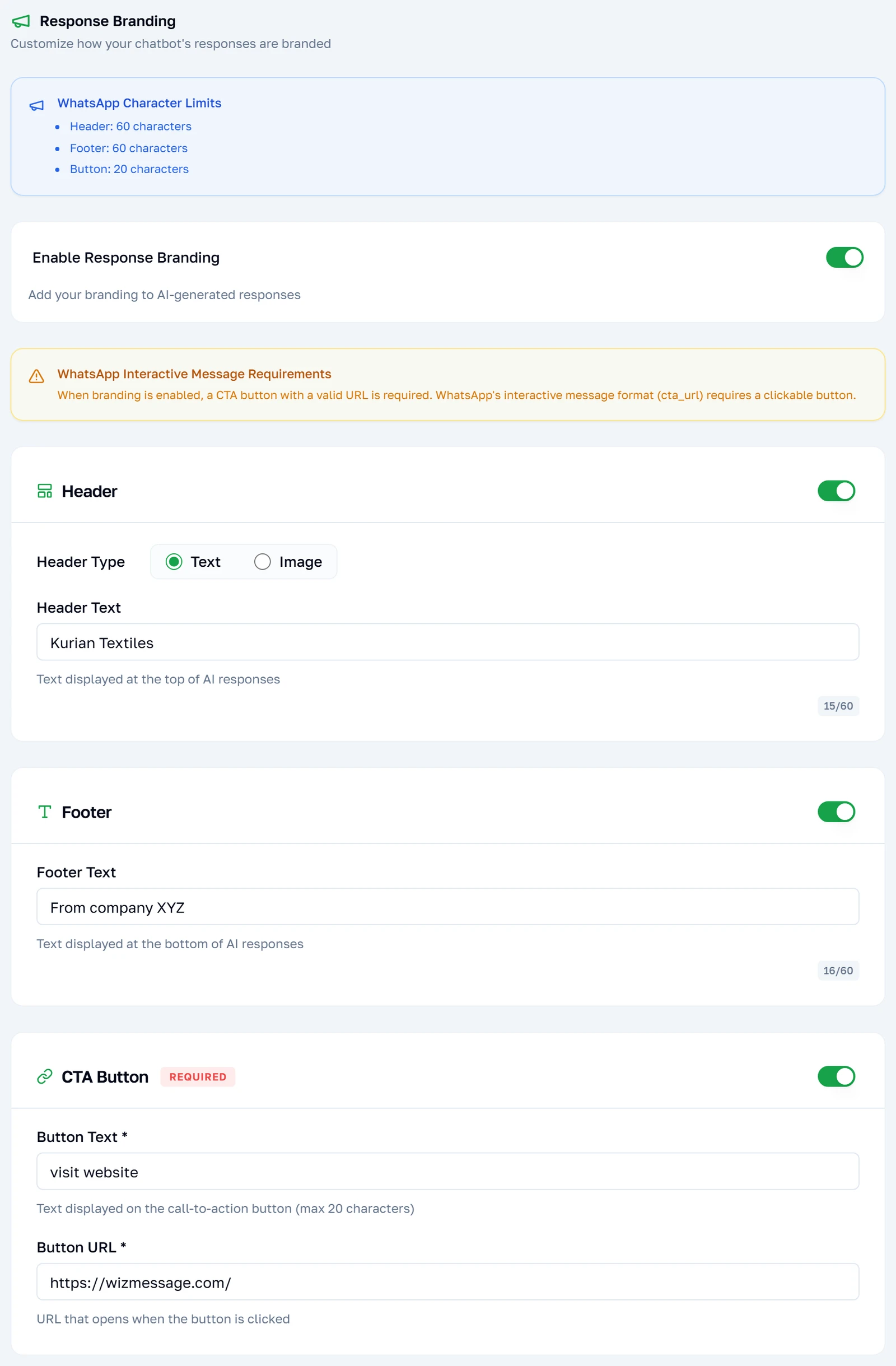 Ang Branding tab: mga setting ng header, footer at button na may preview