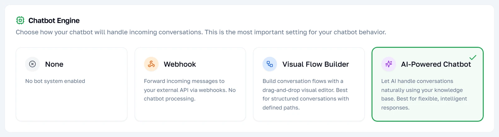 Ang engine picker: None, Webhook, Flow Builder at AI Chatbot na magkakatabi
