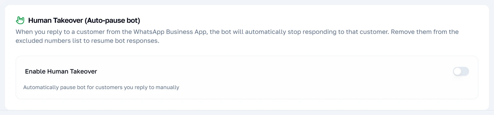 Ang human takeover card, na humihinto sa bot para sa isang customer sa bawat pagkakataon