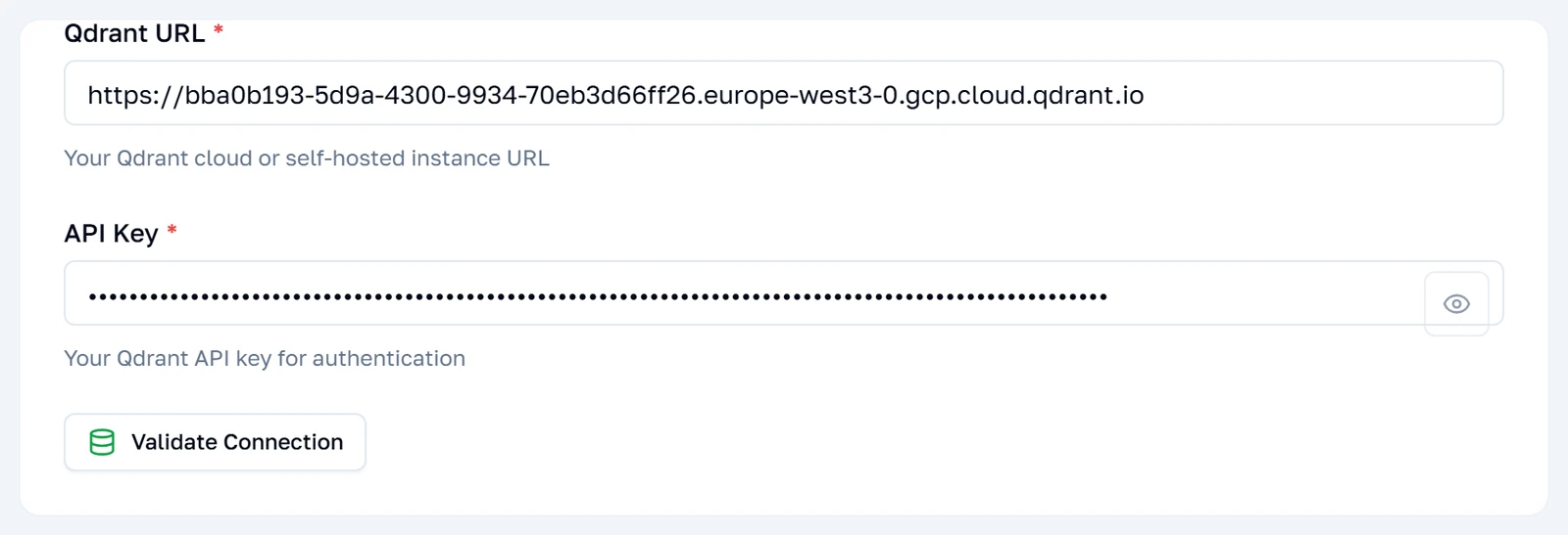 Ang connection card na may address, API key at button na Validate Connection