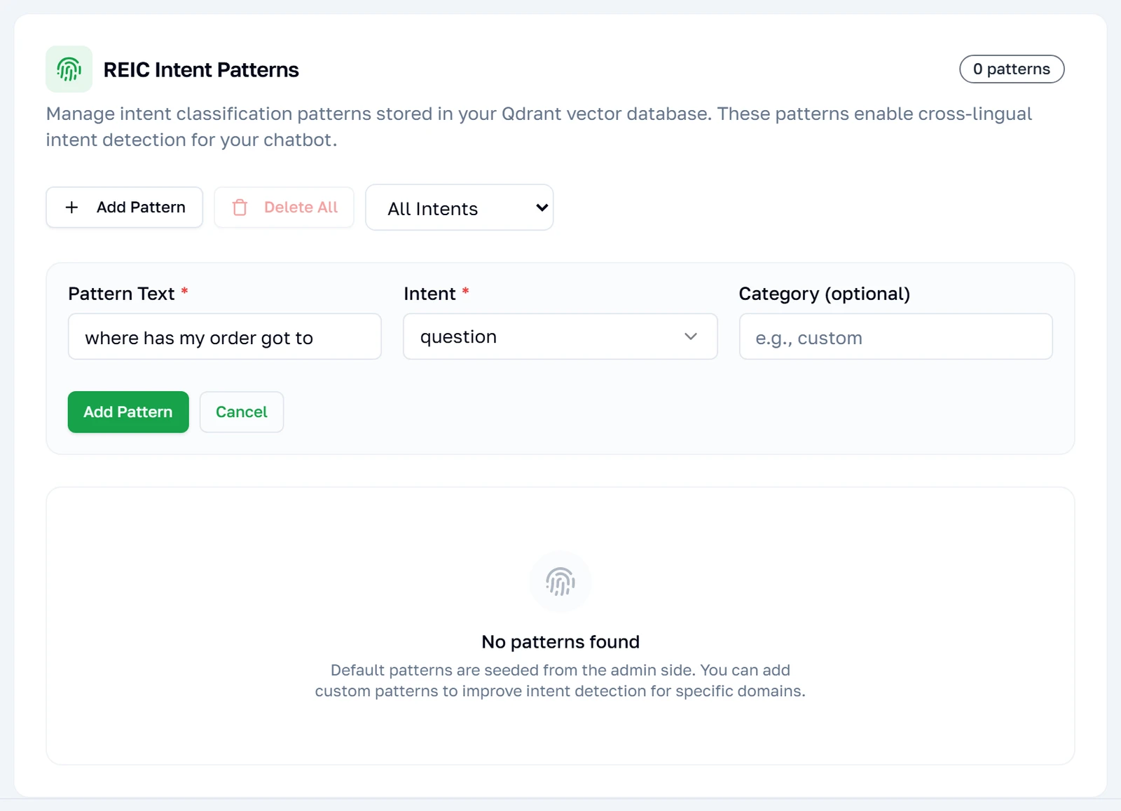 Ang add-pattern form, na may halimbawang pananalita at ang intent na kinabibilangan nito