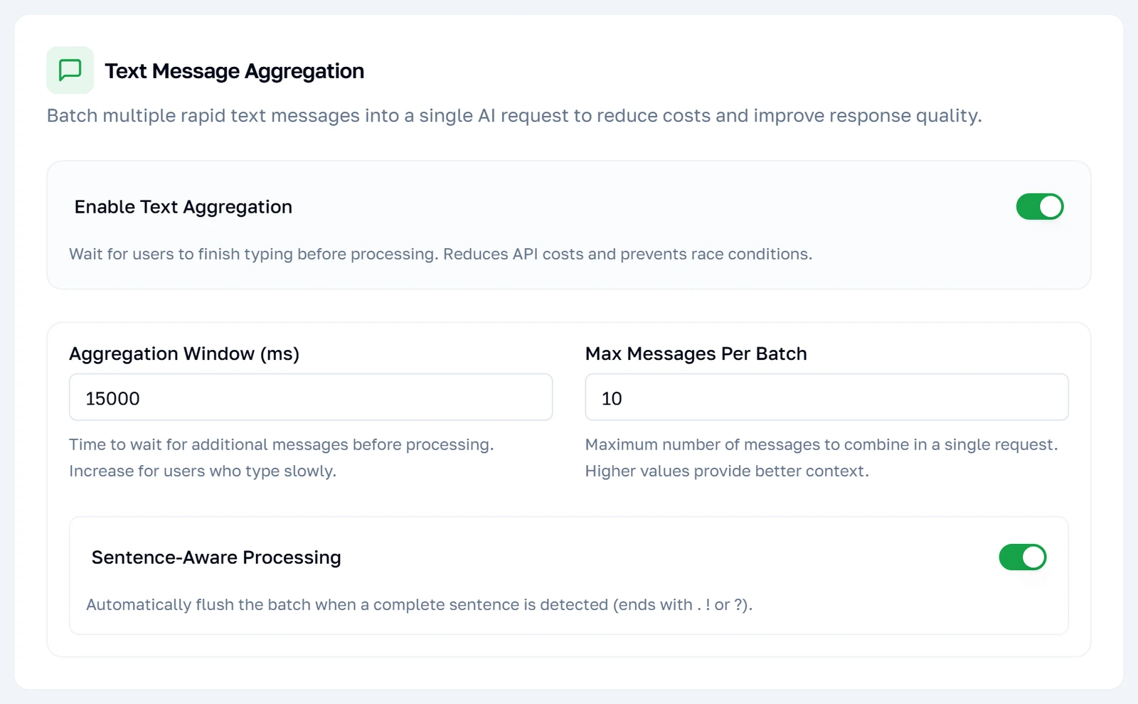 Ang text aggregation tab, kasama ang wait window at ang sentence-aware processing