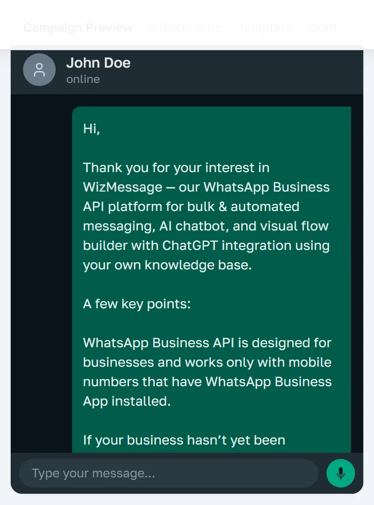 Ang live preview na nagpapakita ng mensahe bilang WhatsApp bubble, na may bilang ng tatanggap sa ilalim