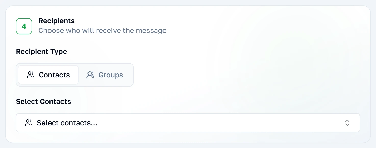 Ang card ng mga tatanggap, na pumipili sa pagitan ng mga group at isa-isang piniling contact