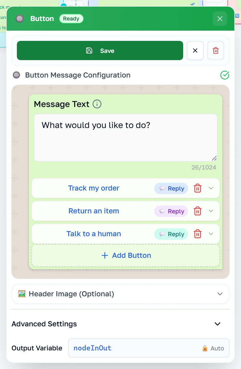 Ang property panel ng Buttons kasama ang mensahe, ang listahan ng button at isang preview
