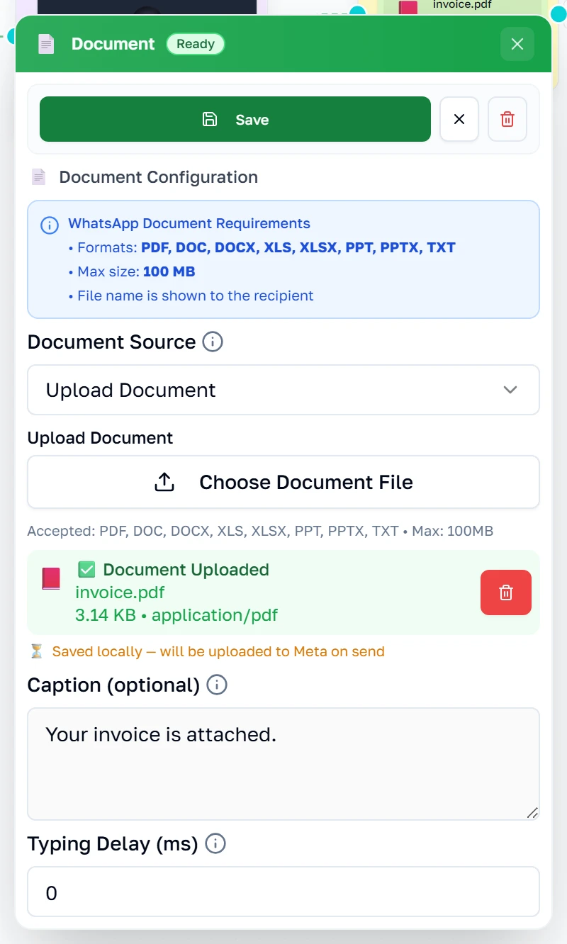 Ang property panel ng Document kasama ang link o upload at ang field ng pangalan ng file