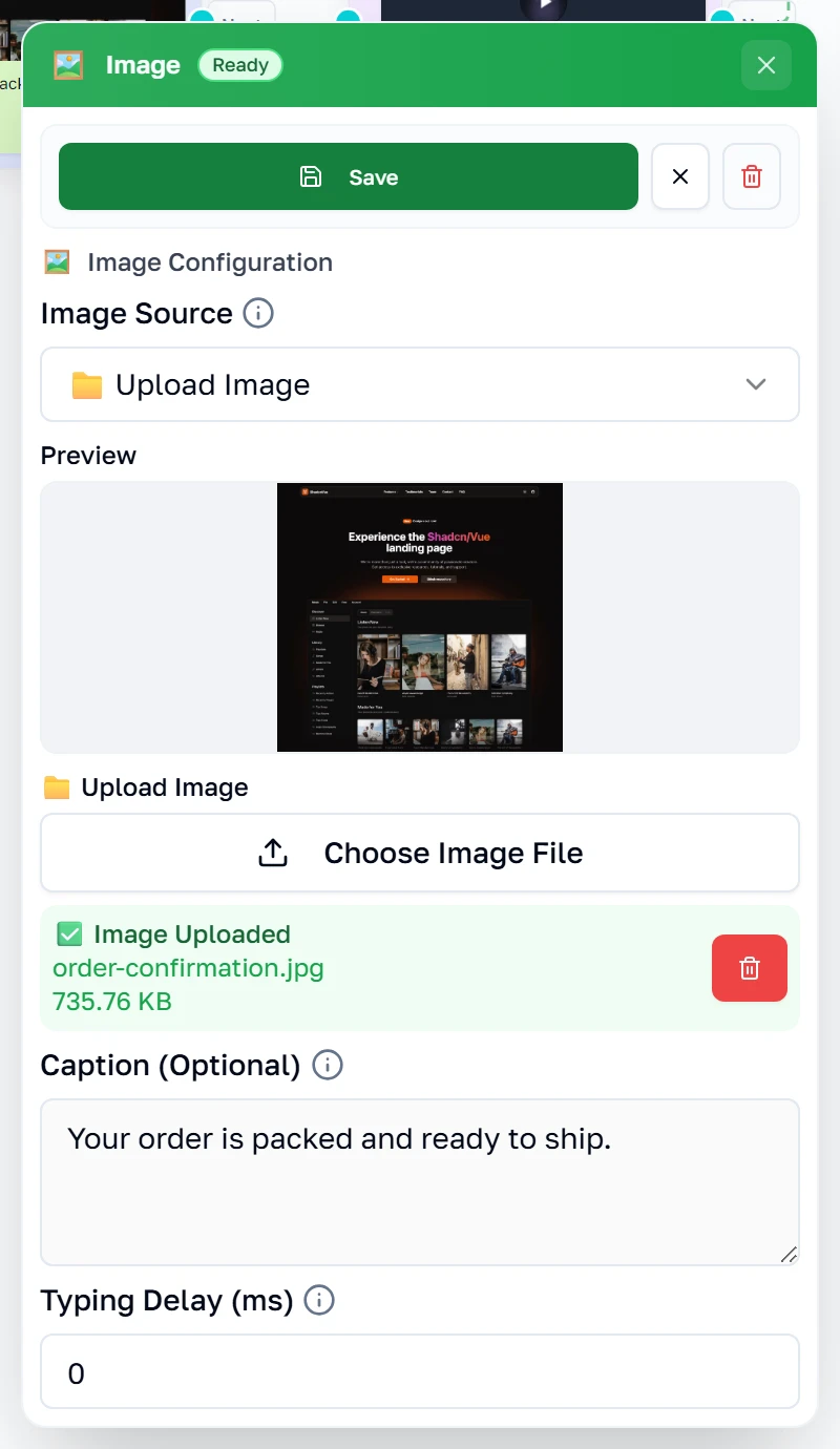 Ang property panel ng Image na nag-aalok ng link o upload, may preview at caption