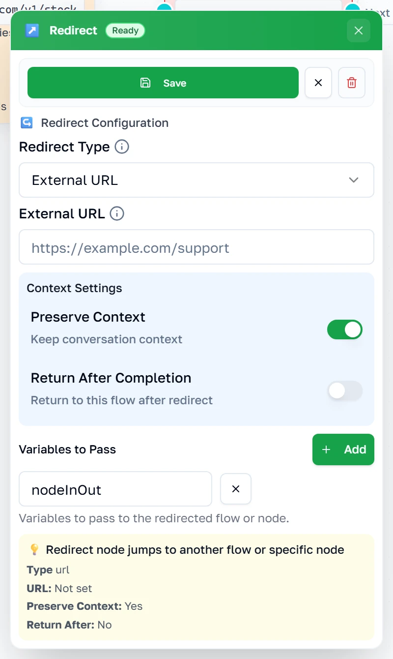 Ang panel ng Redirect na nakatakda sa URL, may buod ng gagawin ng kahon