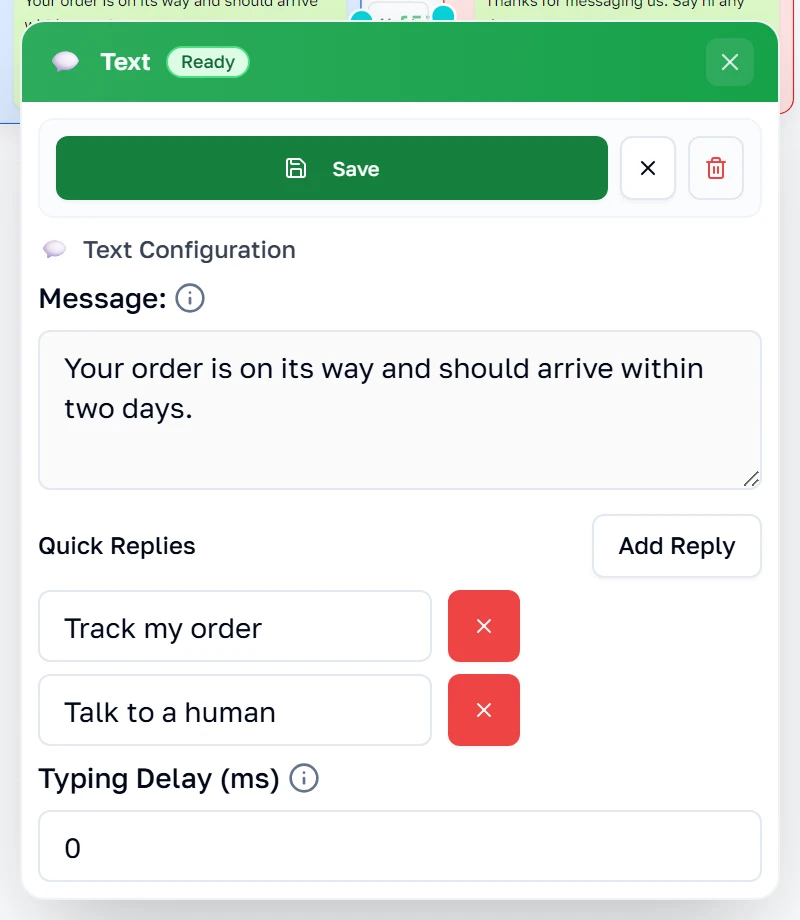 Ang property panel ng Text kasama ang katawan ng mensahe at ang mga quick reply