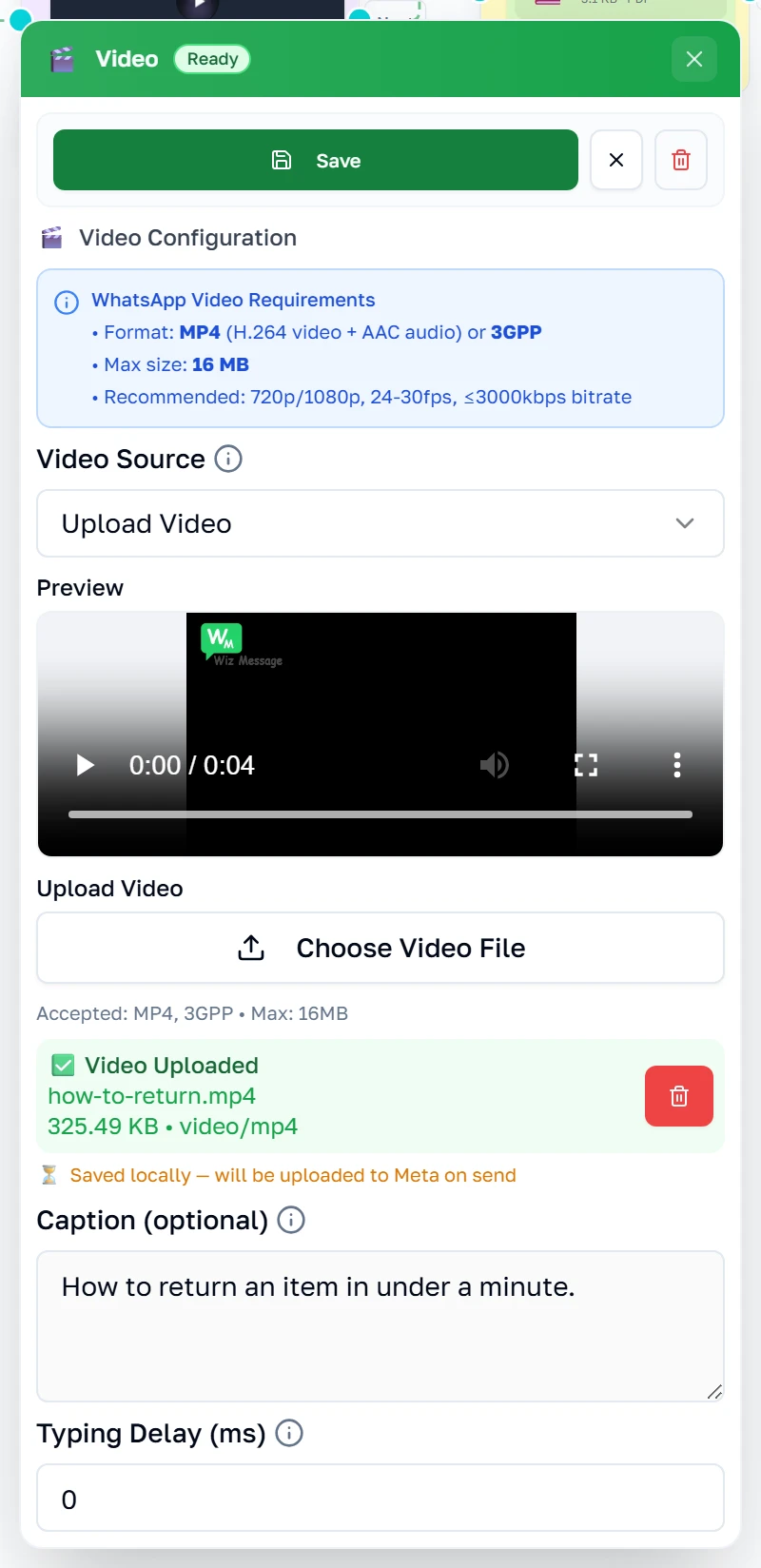 Ang property panel ng Video na nagpapakita ng hangganan sa format at laki at ng kalagayan ng upload
