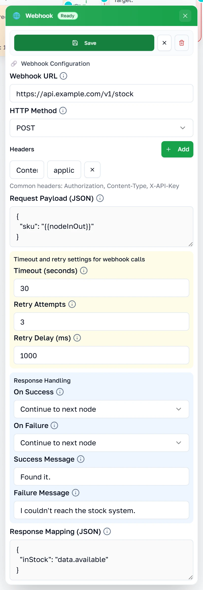 Ang property panel ng Webhook kasama ang URL, method, mga header, payload at paghawak ng sagot