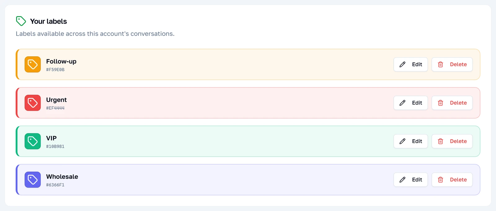 Ang listahan ng mga natukoy na label, bawat isa may colour swatch at hex value
