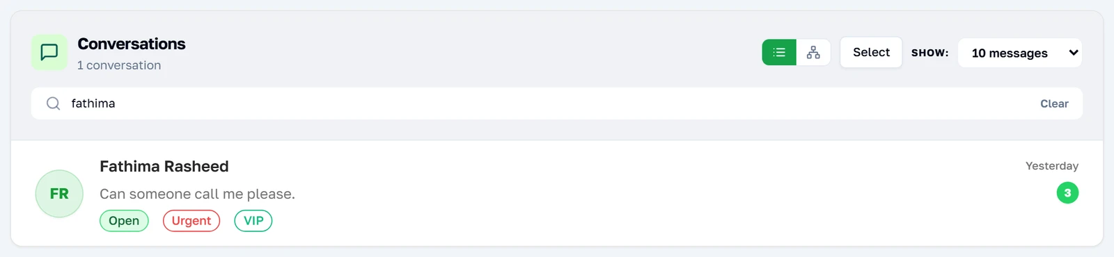 Ang search box na sinasala ang listahan ng usapan habang nagta-type ka