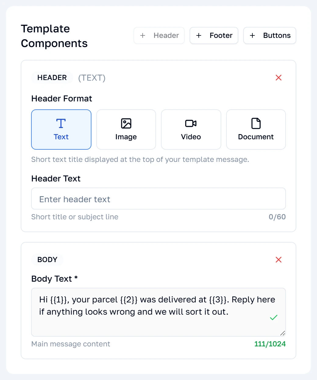 Ang header component na nag-aalok ng apat na format: text, image, video at document