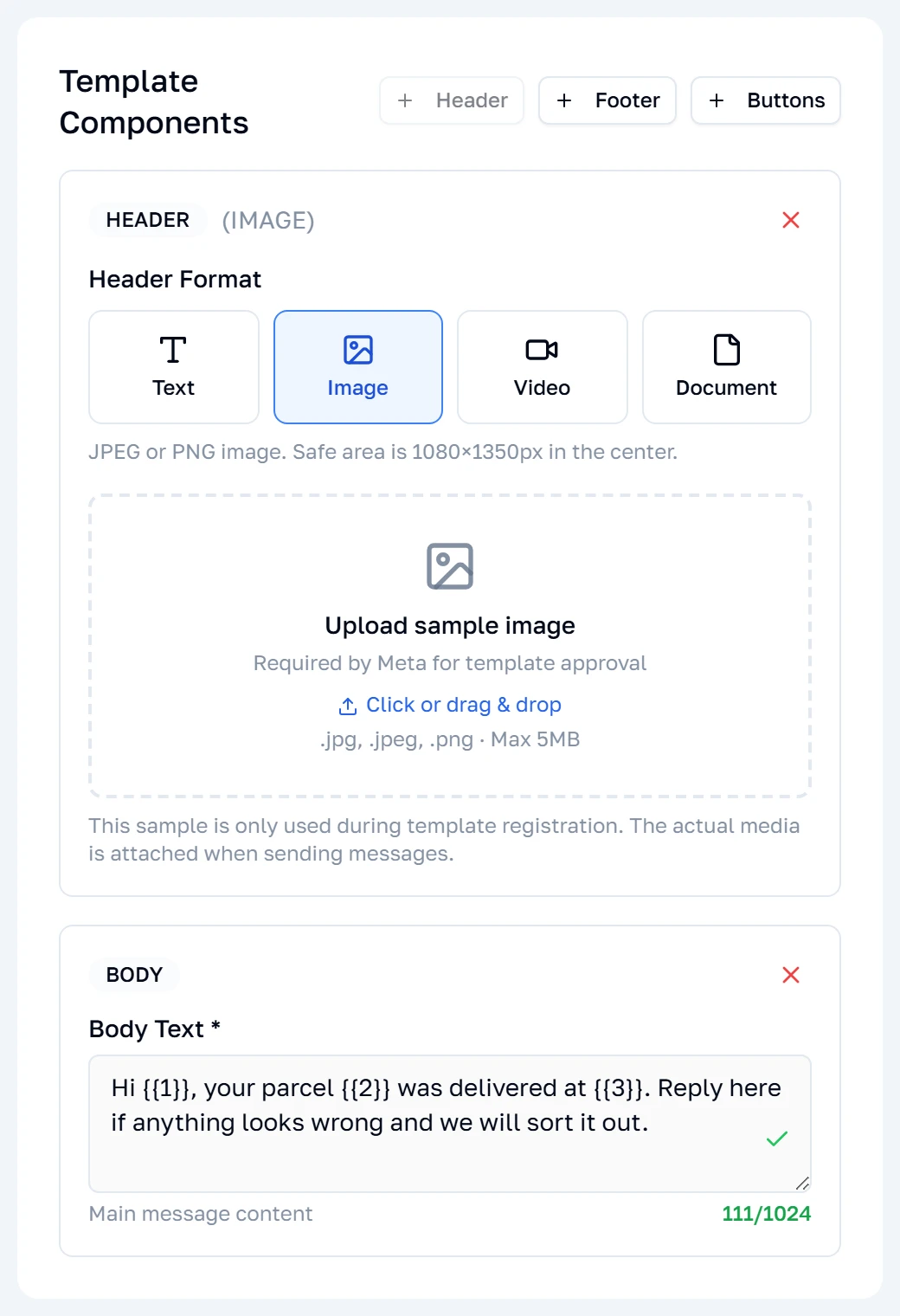 Isang media header na napili, na nagpapakita ng lugar ng pag-upload para sa sample file na sinusuri ng Meta